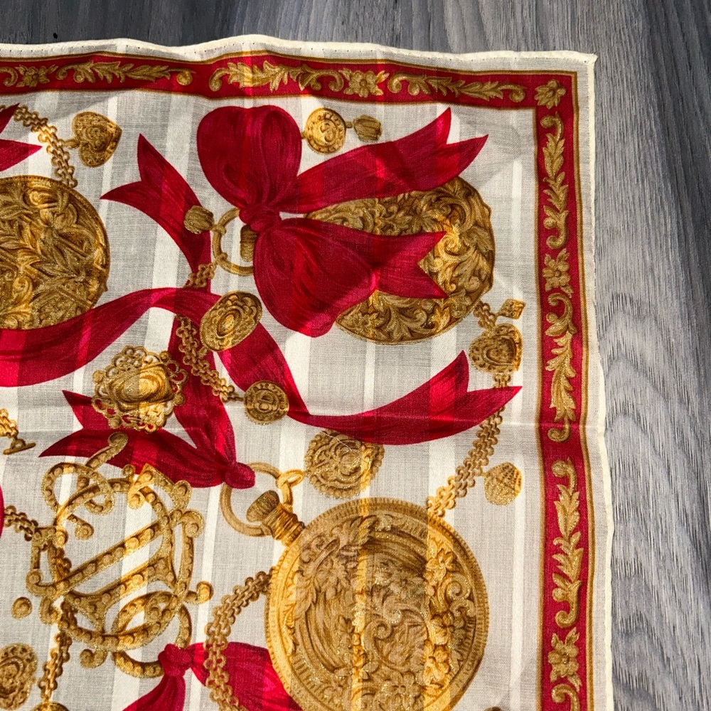 Vintage Christian Dior Gold Chain Red Ribbon Cotton Handkerchief Scarf - Picture 8 of 12